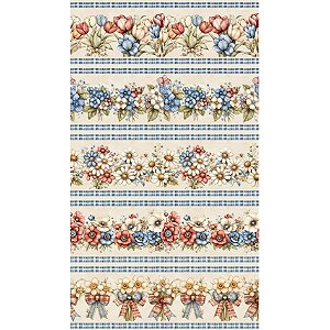 Tricoline Barrado Floral Country 100% Algodão, 50cm x 1,50mt