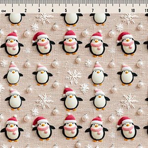 Tricoline Natal Pinguim Pastel, 100% Algodão, 50cm x 1,50mt