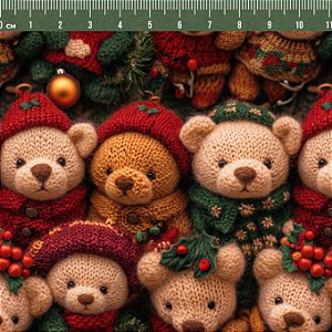Tricoline Natal Ursos Trico Rostos 100%Algodão 50cm x 1,50mt