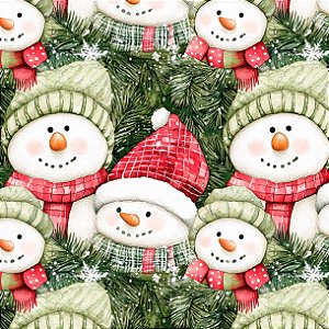 Tricoline Natal Greeny Snowmen, 100% Algodão, 50cm x 1,50mt