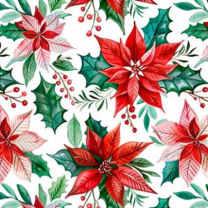 Tricoline Digital Flores de Natal Fundo Branco 50cm x 1,50mt