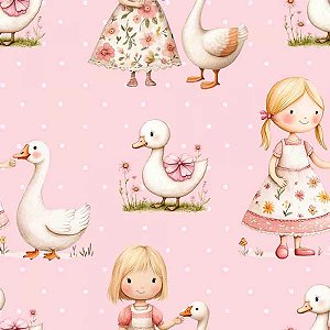 Tricoline Digital Menina com Pato 100%Algodão, 50cm x 1,50mt