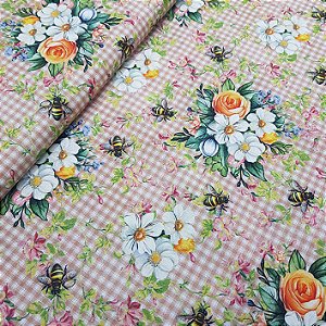 Tricoline Digital Flores e Abelhas 100%Algodão 50cm x 1,50mt