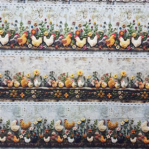 Tricoline Digital Barrado Jardim com Galinhas, 50cm x 1,50mt