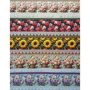 Tricoline Digital Barrado Flores, 100% Algodão 50cm x 1,50mt