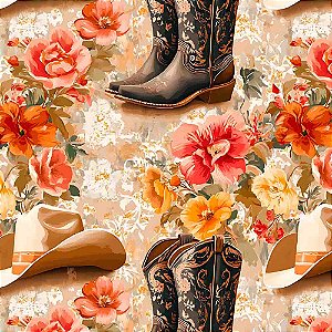 Tricoline Digital Bota e Flor, 100% Algodão, 50cm x 1,50mt