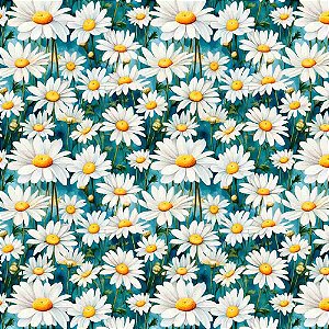Tricoline Digital Margarida Branca Fundo Jeans 50cm x 1,50mt