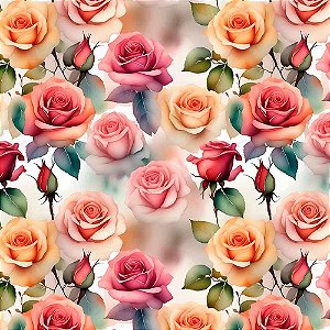 Tricoline Digital Watercolor Rosas Pequenas, 50cm x 1,50mt