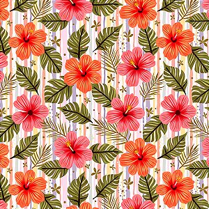 Tricoline Digital Hibisco Tropical 100%Algodão 50cm x 1,50mt