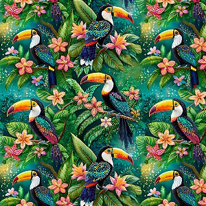 Tricoline Digital Tucanos Tropical 100%Algodão 50cm x 1,50mt
