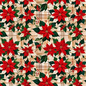Tricoline Digital Natal Floral com Xadrez, 50cm x 1,50mt