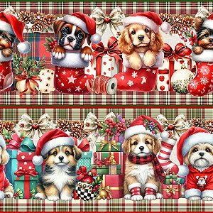 Tricoline Digital Barrado Natal Cachorrinhos, 55cm x 1,50mt
