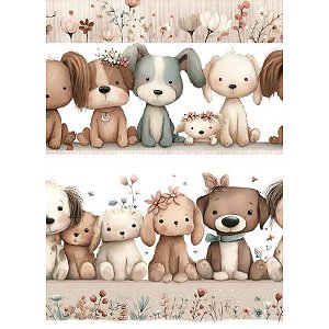 Tricoline Digital Barrado Cachorrinhos Boho, 50cm x 1,50mt
