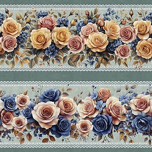 Tricoline Digital Barrado Rosas Glamour, At. 5mt x 1,50mt