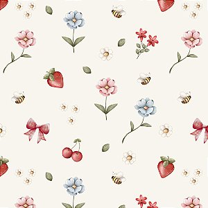 Tricoline Digital Jardim Morangos Fundo Creme, 50cm x 1,50mt