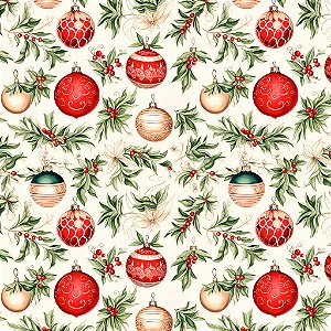 Tricoline Digital Natal Bolas e Folhas 100%Alg 50cm x 1,50mt
