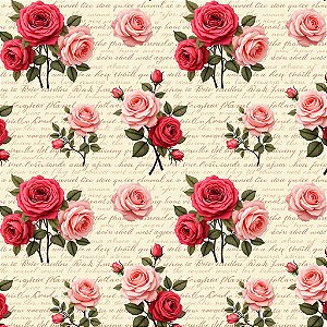 Tricoline Rosas com Escritas, 100% Algodão, 50cm x 1,50mt