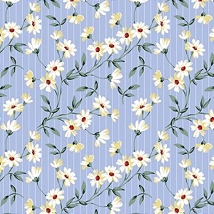 Tricoline Floral Fundo Listrado Azul, 100%Alg, 50cm x 1,50mt
