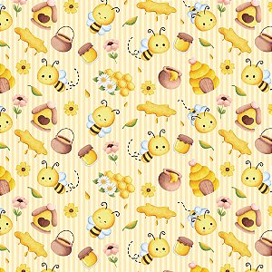 Tricoline Abelhas Fundo Listrado 100% Algodão, 50cm x 1,50mt
