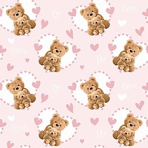 Tricoline Ursinhos Love Rosa, 100% Algodão, 50cm x 1,50mt