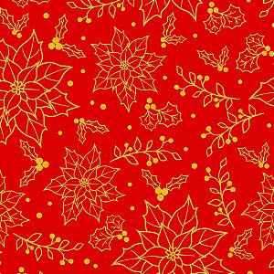 Tricoline Natal Flores Douradas Fundo Vermelho 50cm x 1,50mt