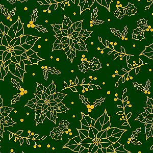 Tricoline Natal Flores Douradas Fundo Verde, 50cm x 1,50mt