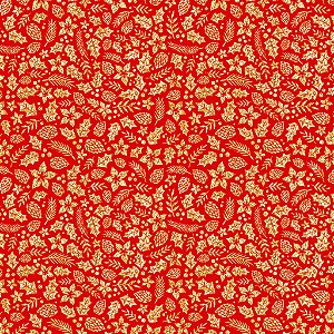 Tricoline Natal Folhas Douradas Fundo Vermelho 50cm x 1,50mt