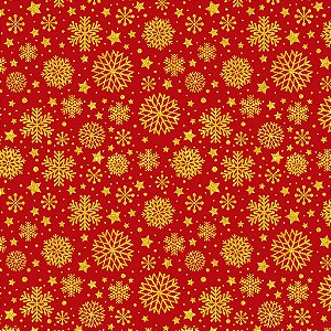 Tricoline Natal Flocos Dourados Fundo Vermelho 50cm x 1,50mt