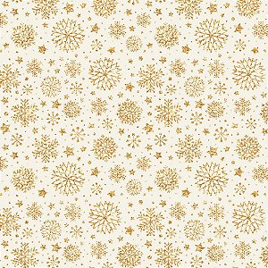 Tricoline Natal Flocos Dourado Fundo Branco, 50cm x 1,50mt