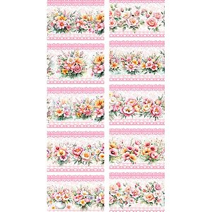 Tricoline Digital Barrado Flores Rosas Amarelas 50cm x 1,50m