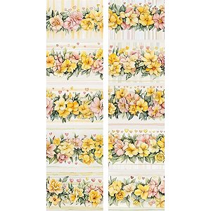 Tricoline Digital Barrado Flores Amarelas, 50cm x 1,50mt