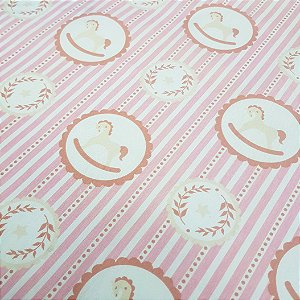 Tricoline Cavalinhos Fundo Rosa, 100% Algodão, 50cm x 1,50mt