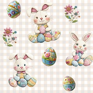 Tricoline Digital Páscoa Coelho Patch Xadrez, 50cm x 1,50mt