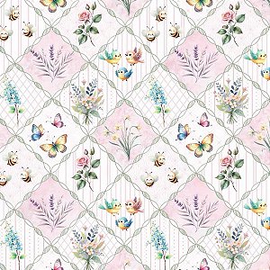 Tricoline Digital Treliças Flores e Animais, 50cm x 1,50mt