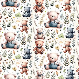 Tricoline Digital Ursinhos com Folhagens, 100%Alg 50cmx1,50m