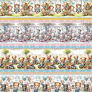 Tricoline Digital Barrado Ursinhos, 100% Algodão 50cmx1,50mt