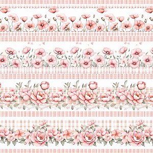 Tricoline Digital Barrado Peoneis Rosas 100%Alg 50cm x 1,50m