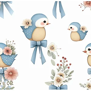 Tricoline Digital Passarinhos com Laços 100%Alg 50cm x 1,50m