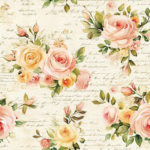 Tricoline Digital Rosas Poeme, 100% Algodão, 50cm x 1,50mt