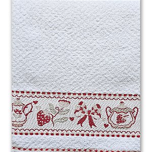 Pano de Copa Branco Felpudo com Faixa Morangos - 45cm x 70cm
