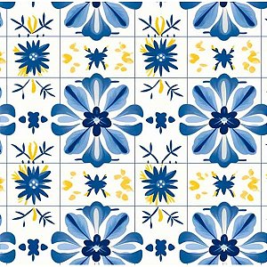 Tricoline Digital Azulejo Floral Fundo Branco, 50cm x 1,50mt