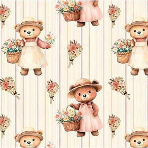 Tricoline Digital Urso Fundo Listrado 100%Alg, 50cm x 1,50mt