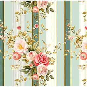 Tricoline Digital Floral Buquet Fundo Listras, 50cm x 1,50mt