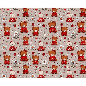 Tricoline Digital Urso com Flor, 100% Algodão, 50cm x 1,50mt