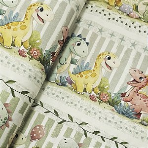 Tricoline Digital Barrado Dino Aquarela 100%Alg 50cm x 1,50m