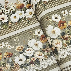 Tricoline Digital Barrado Flores Marrom, 50cm x 1,50mt