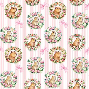 Tricoline Capivaras Floridas, 100% Algodão, 50cm x 1,50mt