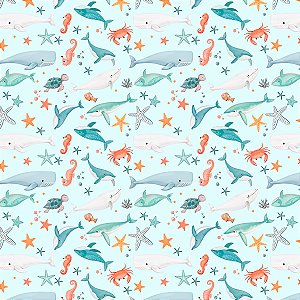 Tricoline Animais Marinhos, 100% Algodão, 50cm x 1,50mt