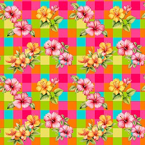 Tricoline Xadrez Florido, 100% Algodão, 50cm x 1,50mt