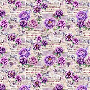 Tricoline Digital Floral Lilás, 100% Algodão, 50cm x 1,50mt